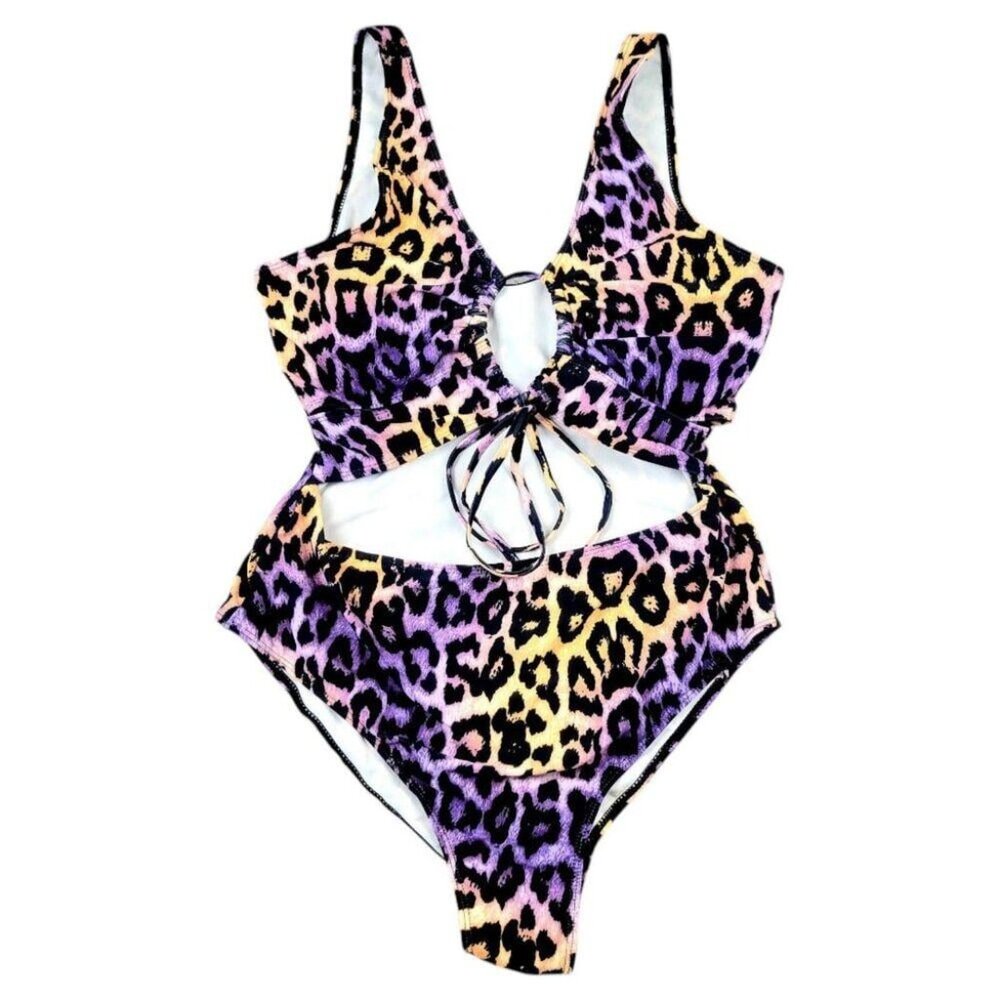 Womens Plus 2X Multi-Color Leopard Print One Piece High Waist Cut Out Swimsuit
